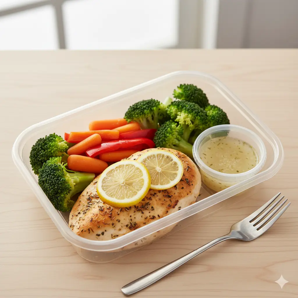 Light and flavorful lemon herb baked chicken served with steamed veggies. A simple low-calorie meal prep recipe perfect for healthy lunches or dinners.