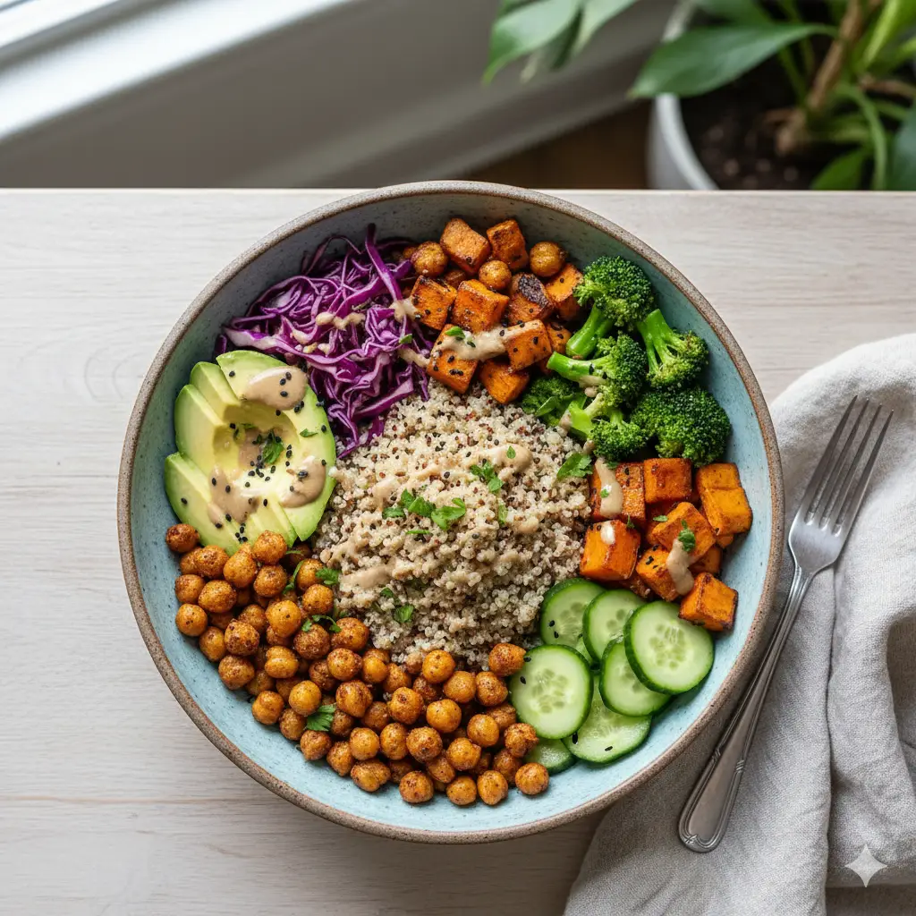 vegan buddha bowl recipe healthy plant-based dinner high protein vegetarian meals chickpea veggie bowl