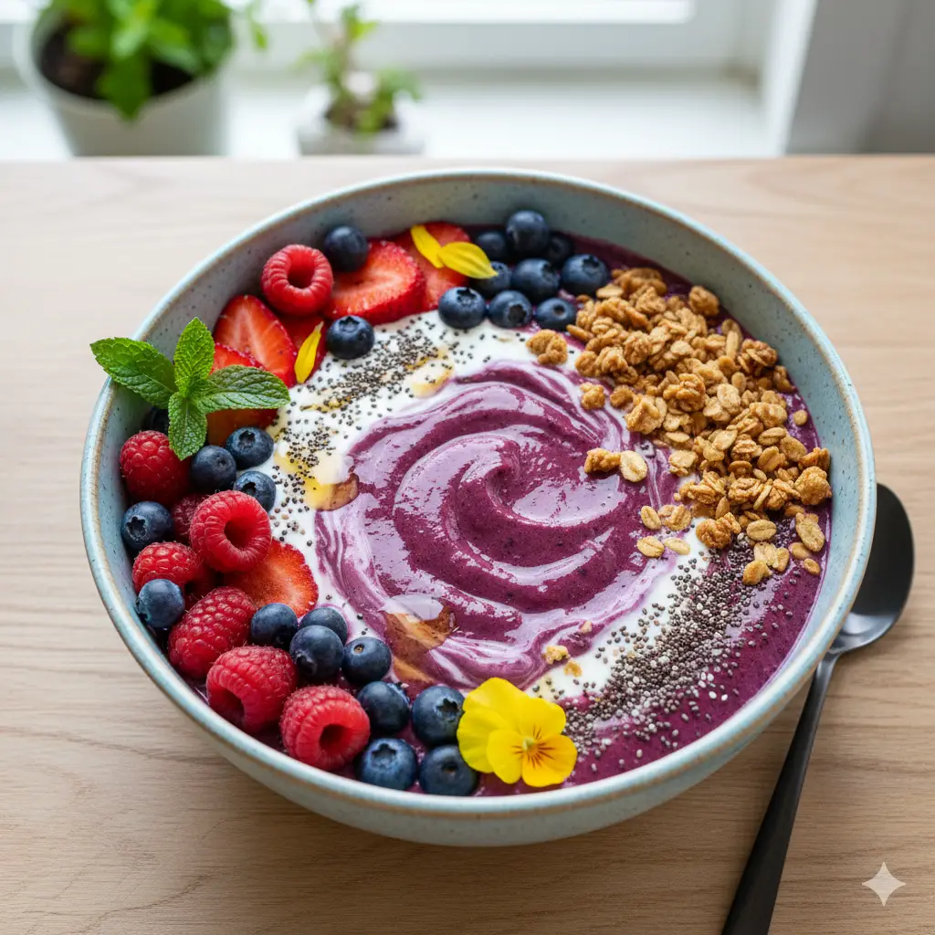 Start your day with a creamy berry oat smoothie bowl. High in fiber, antioxidants, and natural energy. A simple and healthy breakfast ready in minutes.
